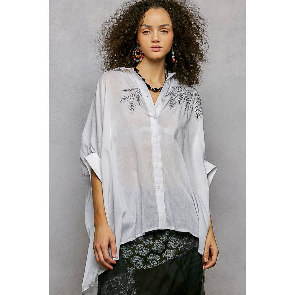 POL Oversized Cotton Shirt with Tonal Leaf Embroidery & Draped Sleeves Large